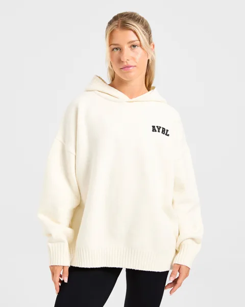 Varsity Minimal Logo Oversized Knitted Hoodie Crème