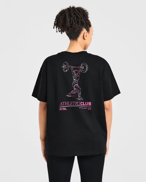 Power Lifting Illustration T Shirt Zwart/Roze
