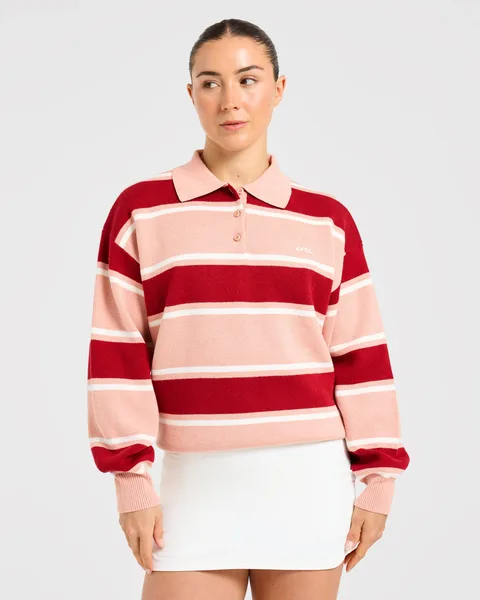 Signature Relaxed Knitted Polo – Burgundy/Pink