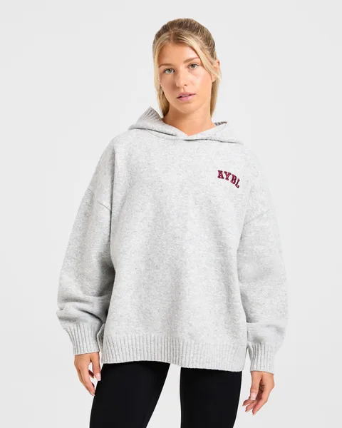 Varsity Minimal Logo Oversized Knitted Hoodie Marl/Burgundy