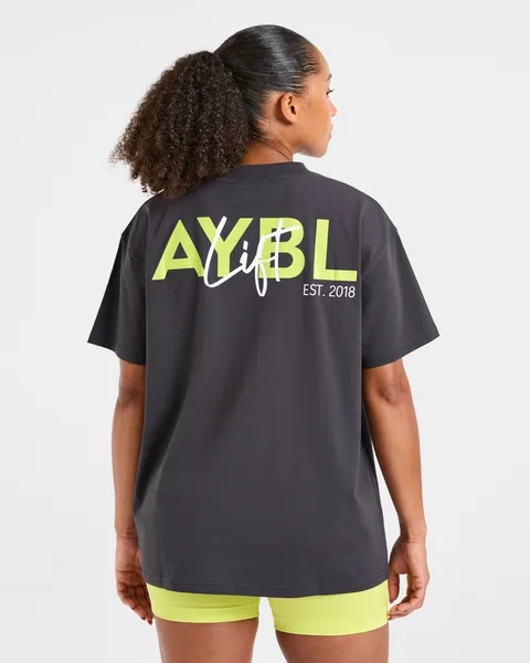 Lift Graphic Oversized T Shirt – Charcoal/Lime