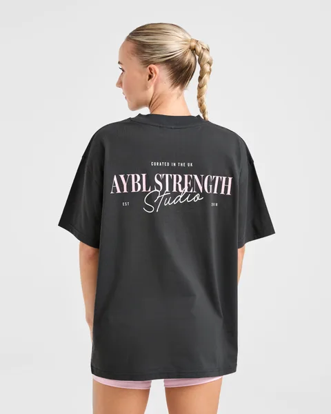 AYBL Strength Studio Oversized T Shirt Charcoal/Roze