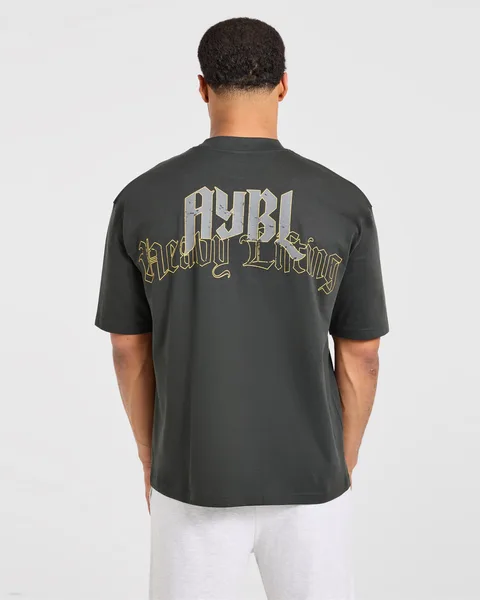 Heavy Lifting Gothic Oversized T Shirt Charcoal/Geel