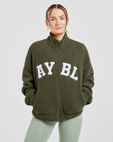 Varsity Oversized Fleece Zip Up Jacket Khaki