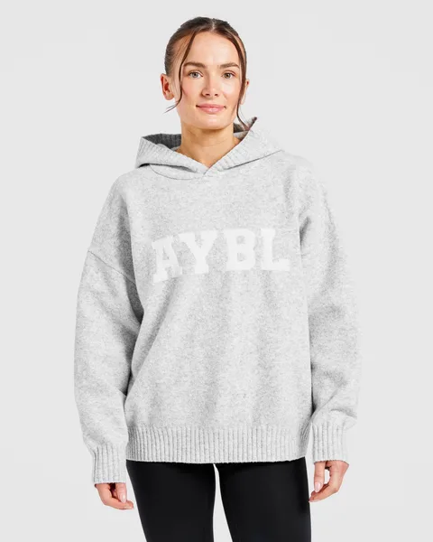 Varsity Oversized Knitted Hoodie – Grey Marl