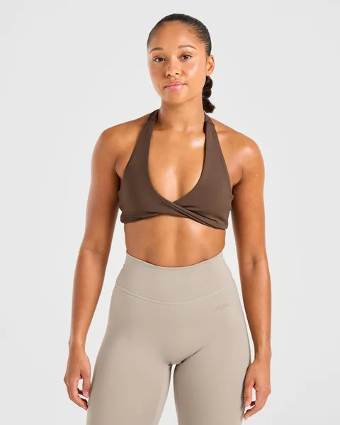 Essential Halterneck Sports Bra Deep Cocoa