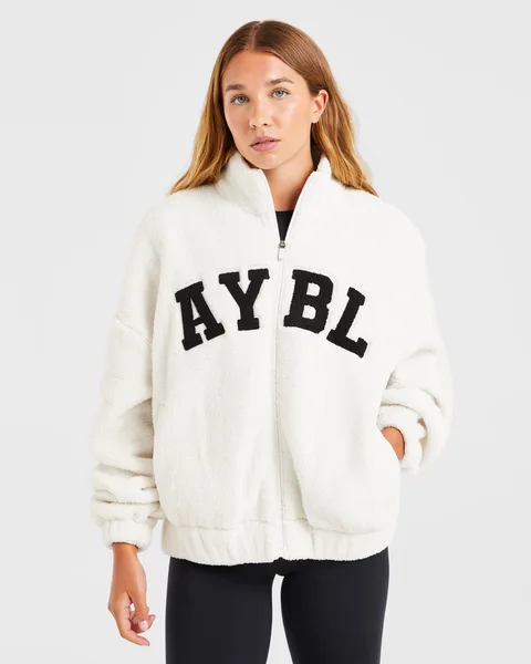 Varsity Oversized Fleece Zip Up Jacket –