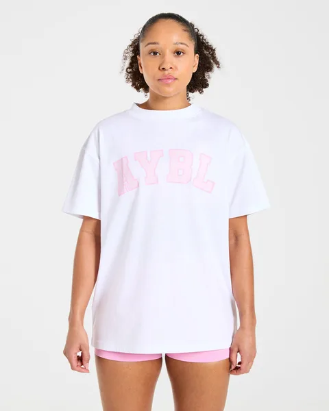 Varsity 2.0 Oversized T Shirt Wit/Roze