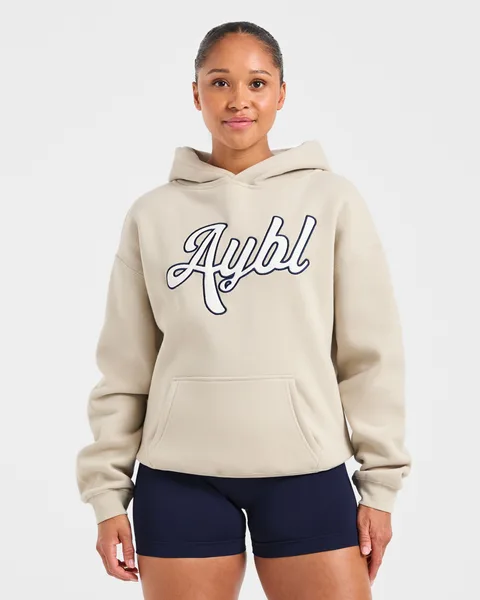 Script Embroidered Oversized Hoodie Zand/Navy