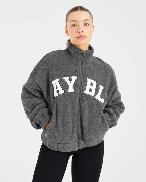 Varsity Oversized Fleece Zip Up Jacket Charcoal