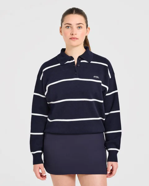 Signature Relaxed Knitted Polo – Navy/White