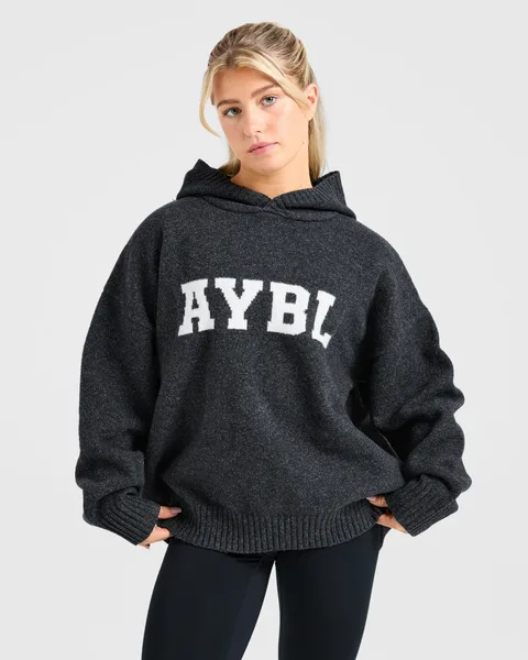 Varsity Oversized Knitted Hoodie Charcoal