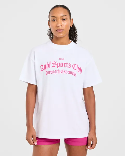 Sports Club Gothic Oversized T Shirt Wit/Roze