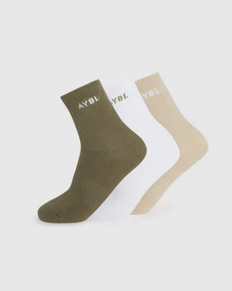 Everyday Crew Socks (3 Pack) Khaki/Beige/Wit